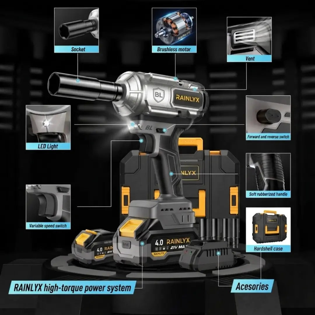 RAINLYX G9 3-in-1 Cordless Impact Wrench, Drill & Screwdriver — Brushless Motor, High-Torque Power Tool for Automotive Use