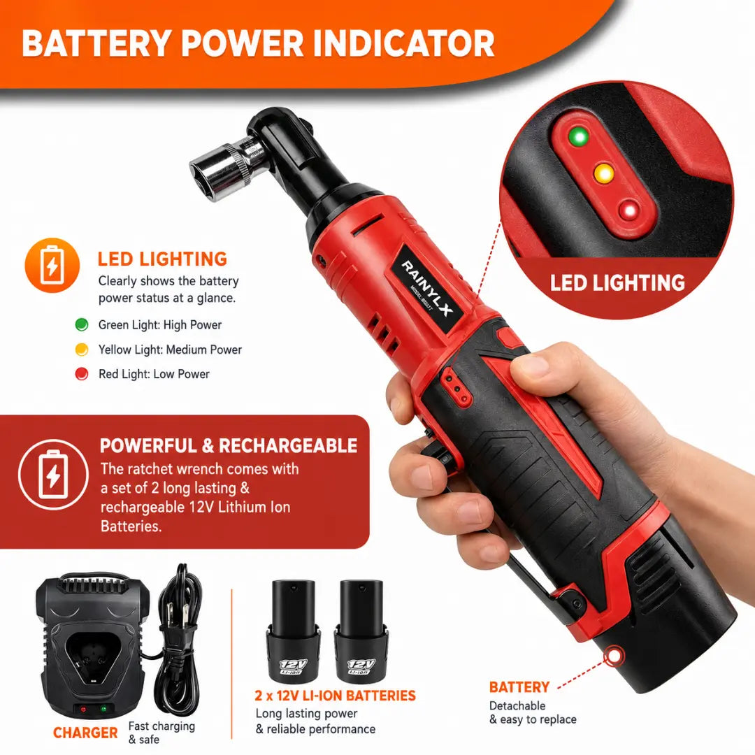 Rainlyx SX25 Cordless Electric Ratchet Wrench Set, 3/8" 12V Power Ratchet Tool Kit + Free Battery & Charger