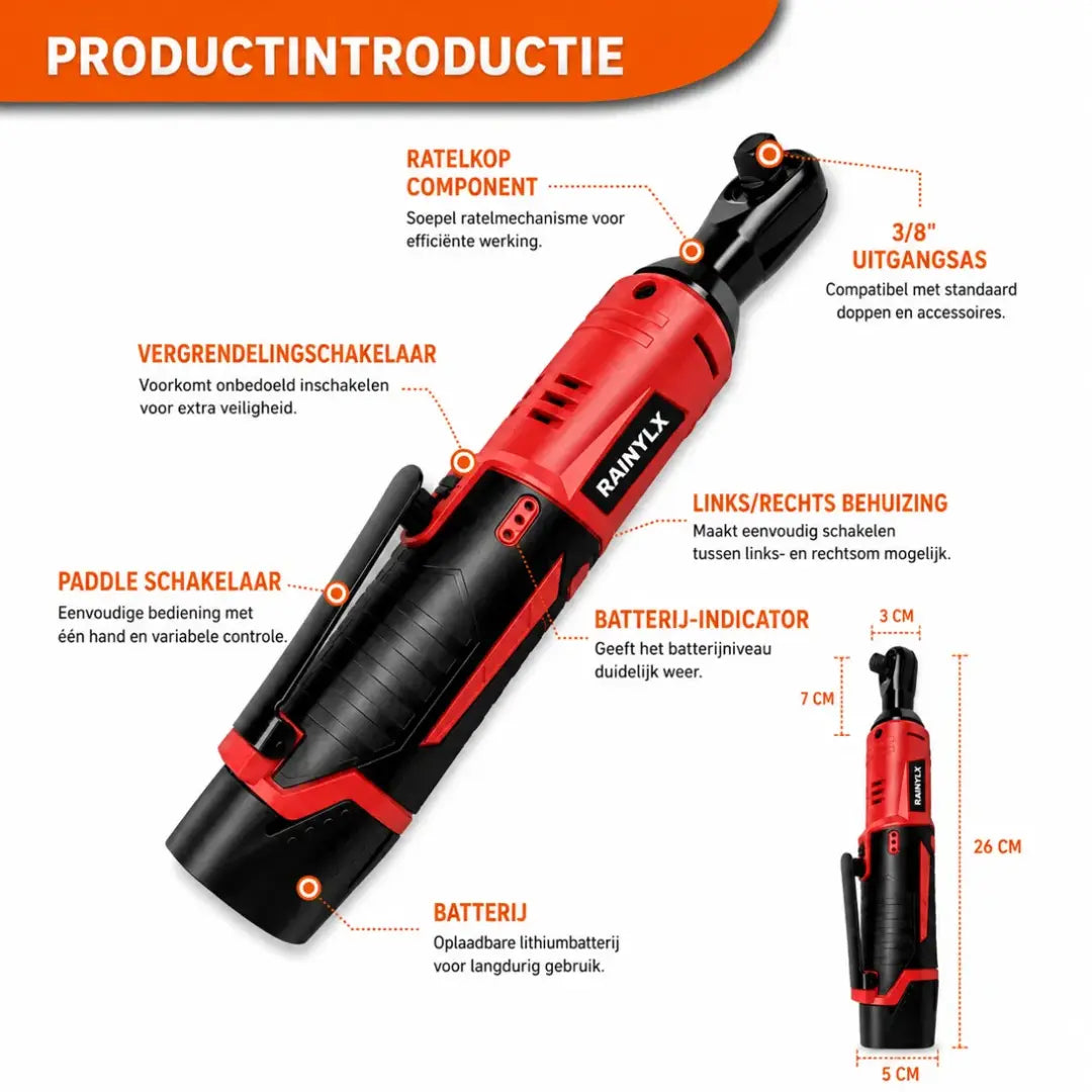 Rainlyx SX25 Draadloze Elektrische Ratelsleutel Set, 3/8" 12V Accu Ratel Gereedschapsset + Gratis Accu & Oplader