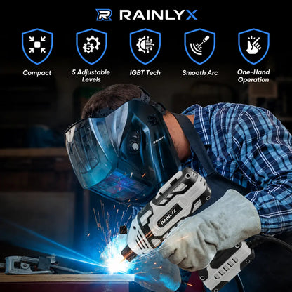 RAINLYX C9 — Portable Electric Welding Machine, 110V Handheld Welder with IGBT Inverter, 5 Adjustable Current Settings, ARC Welding Gun, Complete Kit with Helmet and Electrodes + FREE Battery + FREE Charger