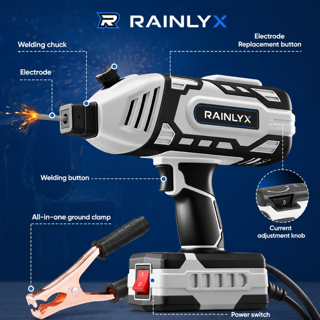 RAINLYX C9 — Portable Electric Welding Machine, 110V Handheld Welder with IGBT Inverter, 5 Adjustable Current Settings, ARC Welding Gun, Complete Kit with Helmet and Electrodes + FREE Battery + FREE Charger