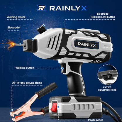 RAINLYX C9 — Portable Electric Welding Machine, 110V Handheld Welder with IGBT Inverter, 5 Adjustable Current Settings, ARC Welding Gun, Complete Kit with Helmet and Electrodes + FREE Battery + FREE Charger