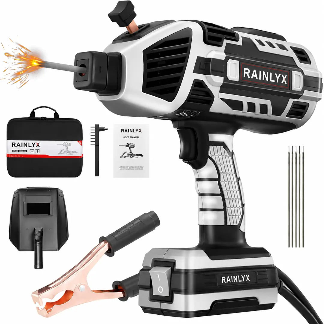 RAINLYX C9 — Portable Electric Welding Machine, 110V Handheld Welder with IGBT Inverter, 5 Adjustable Current Settings, ARC Welding Gun, Complete Kit with Helmet and Electrodes + FREE Battery + FREE Charger